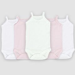 5'li Jakarlı İp Askılı Bebek Body Zıbın Çıtçıtlı Beyaz Ekru Pembe 100% Pamuk - Bebek Atlet Body Zıbın