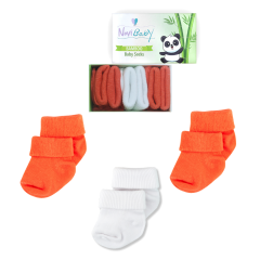 3'lü Bambu Yenidoğan Bebek Çorap I White Orange I Kız Erkek Bebek Çorabı